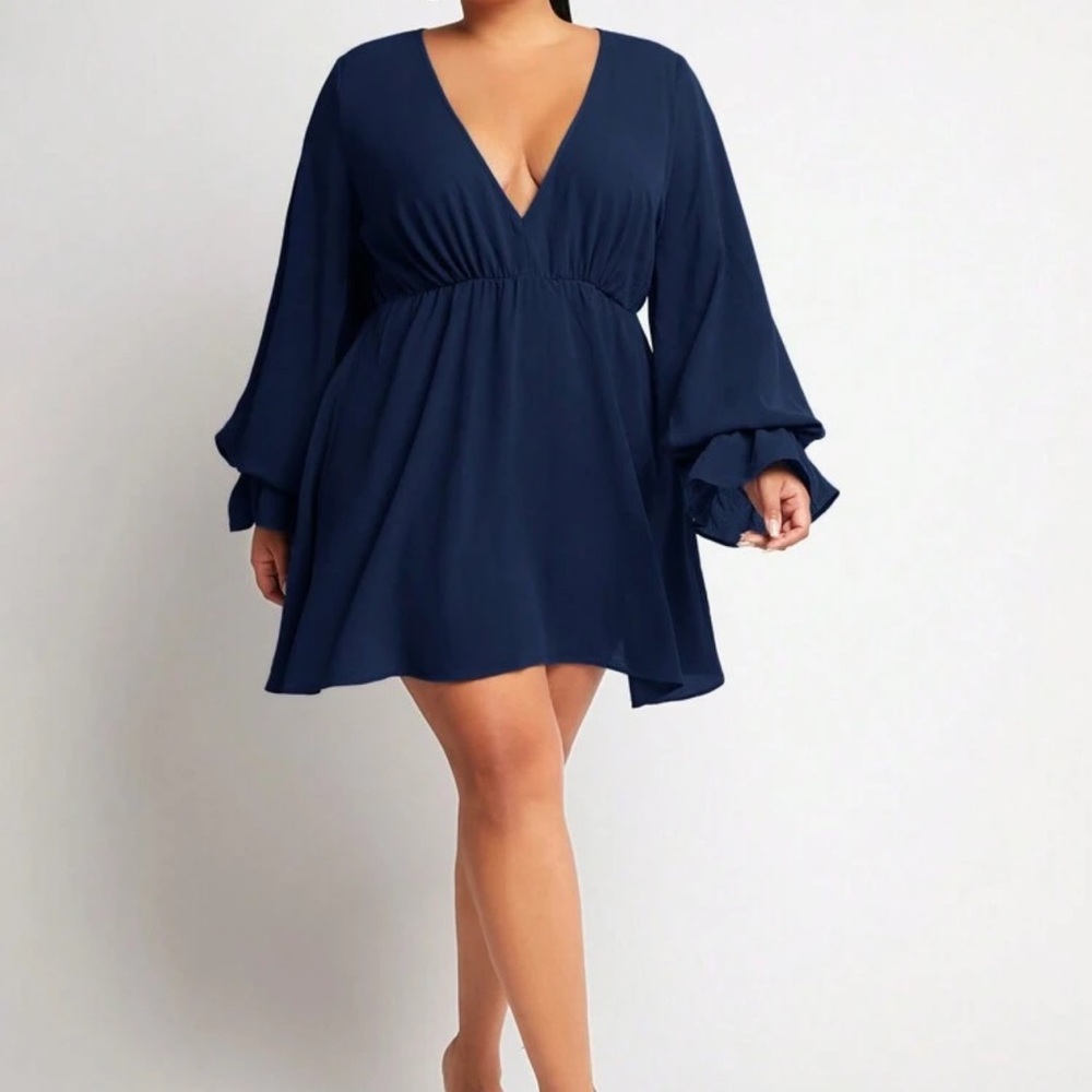 3X SKY Long Sleeve Mini Dress Deep V-Neck